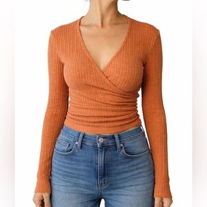 Madewell Ribbed Wrap Top Tie Back Rust Orange Size Small